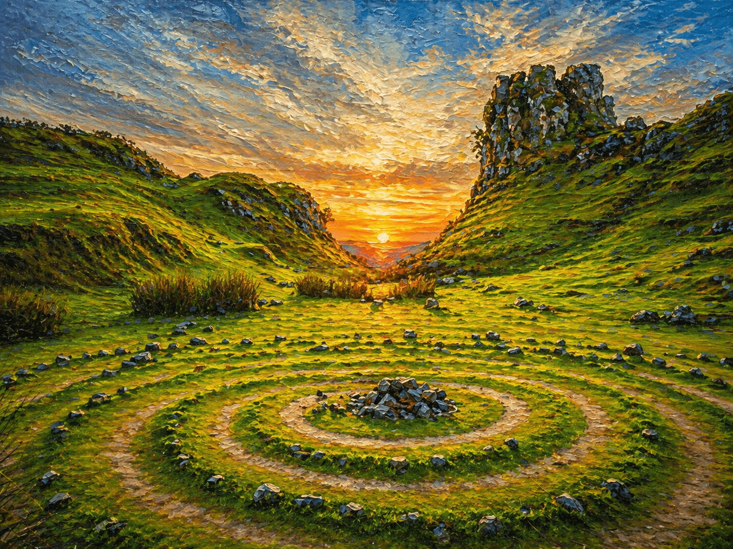 Oil painted valley at sunrise with concentric paths across a green field.